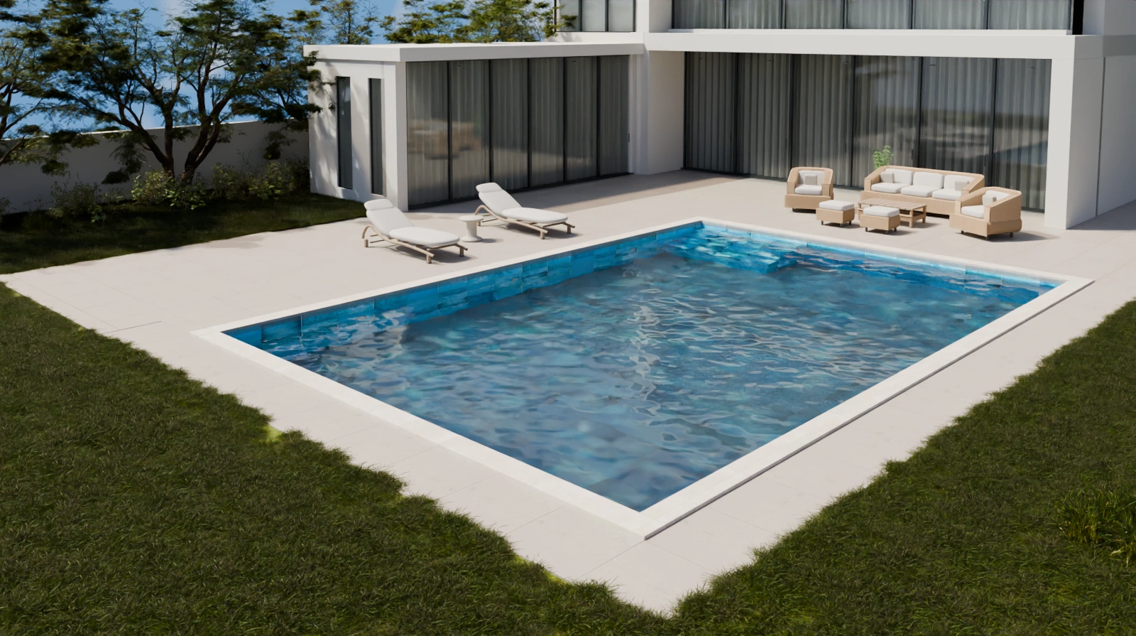 Blue Bead iç kaplamalı, Pool Garden Beige kenarlı havuz — gündüz